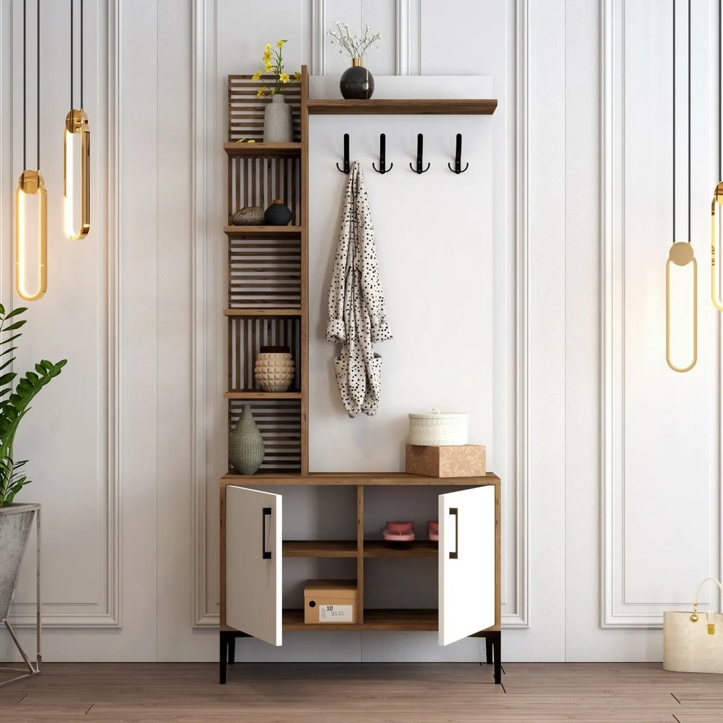 Fiókos szekrény cipővel és polcokkal Viyana Walnutand White