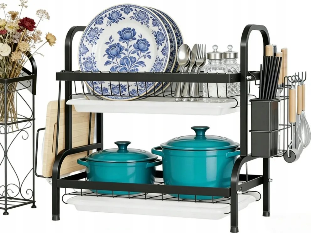 Edényszárító Kétszintes Álló Fekete Csepegtető Tányér Evőeszköz