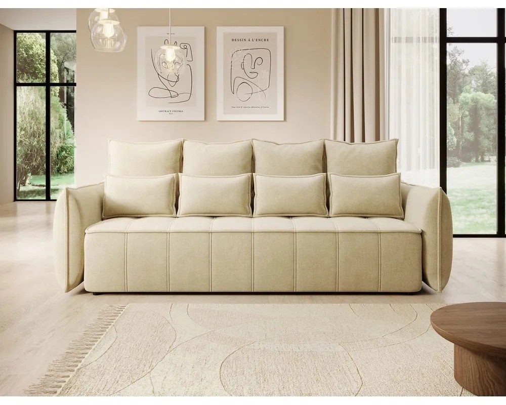 Bézs bársony kinyitható-tárolóhelyes kanapé 242 cm Weltton – ELTAP