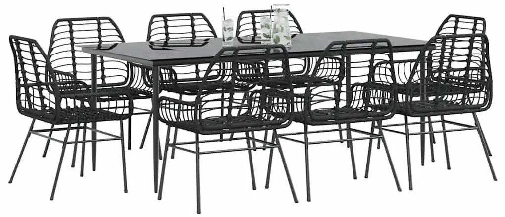 9 részes fekete polyrattan üveg kerti étkezőgarnitúra