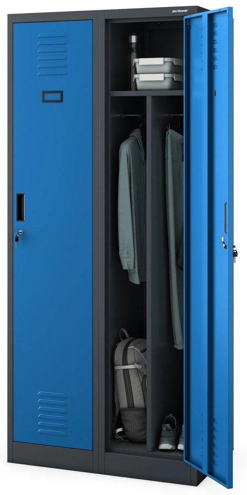 Pléh öltözőszekrény talpazaton, kétmodulos, polccal és köztes fallal KACPER, 800 x 1800 x 500 mm, antracit-kék