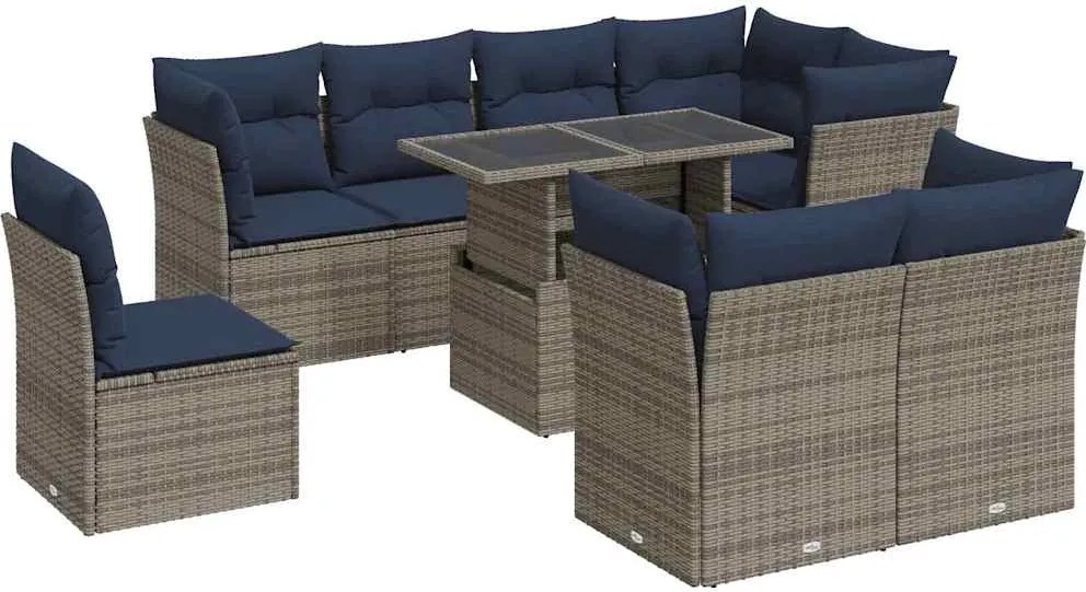 vidaXL 9 részes szürke polyrattan akácfa kerti ülőgarnitúra párnákkal