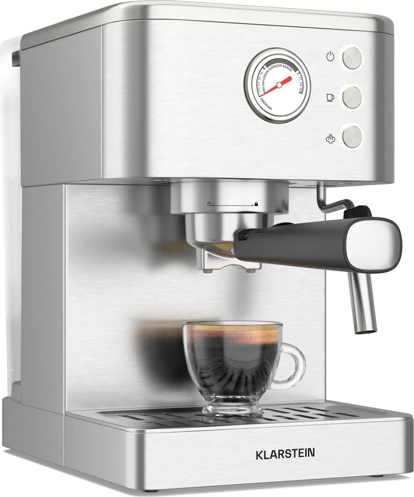 Klarstein SteelPresso kávégép portaszűrővel, Kompakt, 20 bar, Gőzölő, fűtőlap