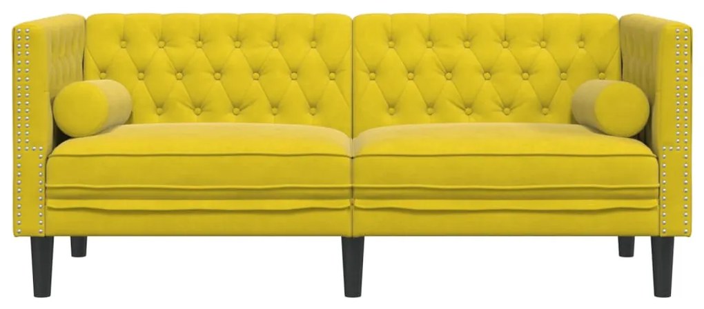 2 személyes sárga bársony Chesterfield kanapé hengerpárnákkal
