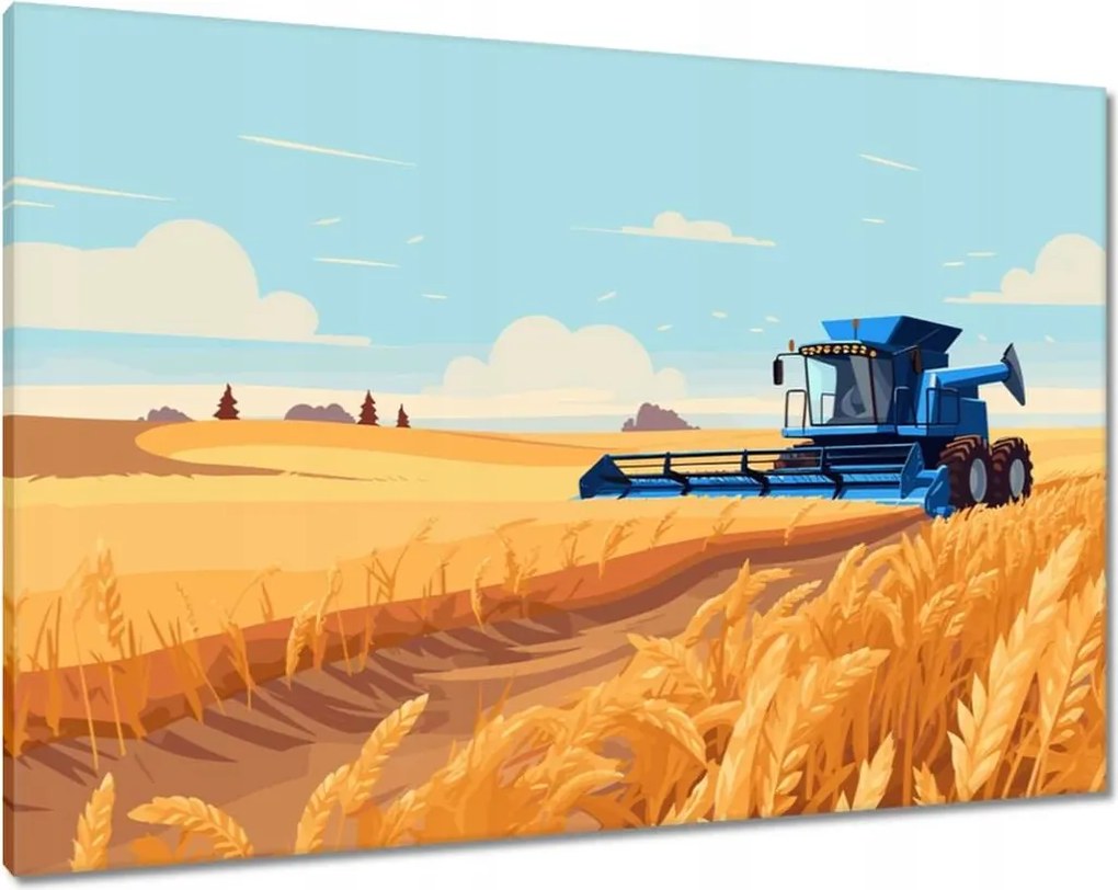 Vászonkép 100x70 Kék kombájn az aratás mezőjén