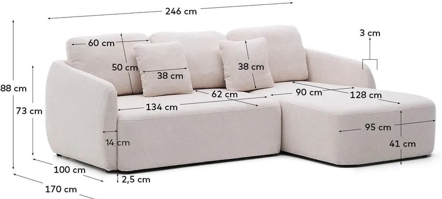 Krémszínű zsenília kinyitható sarokkanapé (jobb oldali-heverő résszel) Laira – Kave Home