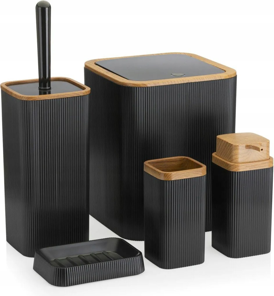 Fürdőszoba szett 5el Zoya fekete fa Wc szett 5in1 kosár adagoló