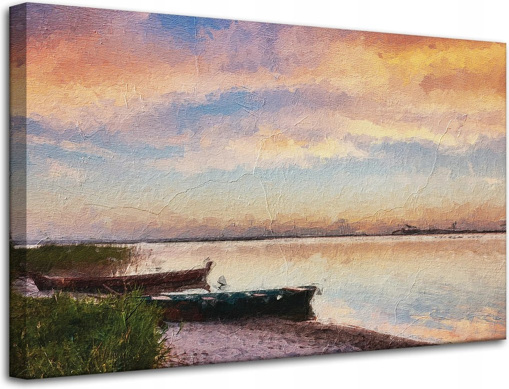 Vászonkép Olajfestmény Csónakok a parton 80x50 cm