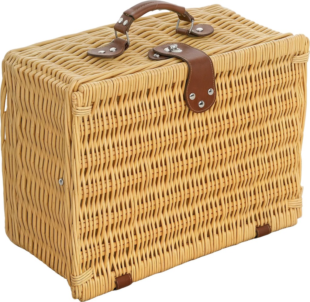 Outsunny Rattan Piknik Kosár 2 Személyre Fogantyúval, Tányérokkal, Poharakkal, Dugóhúzóval, Szalvétákkal és Evőeszközökkel, 40x30x20 cm, Világos Barna