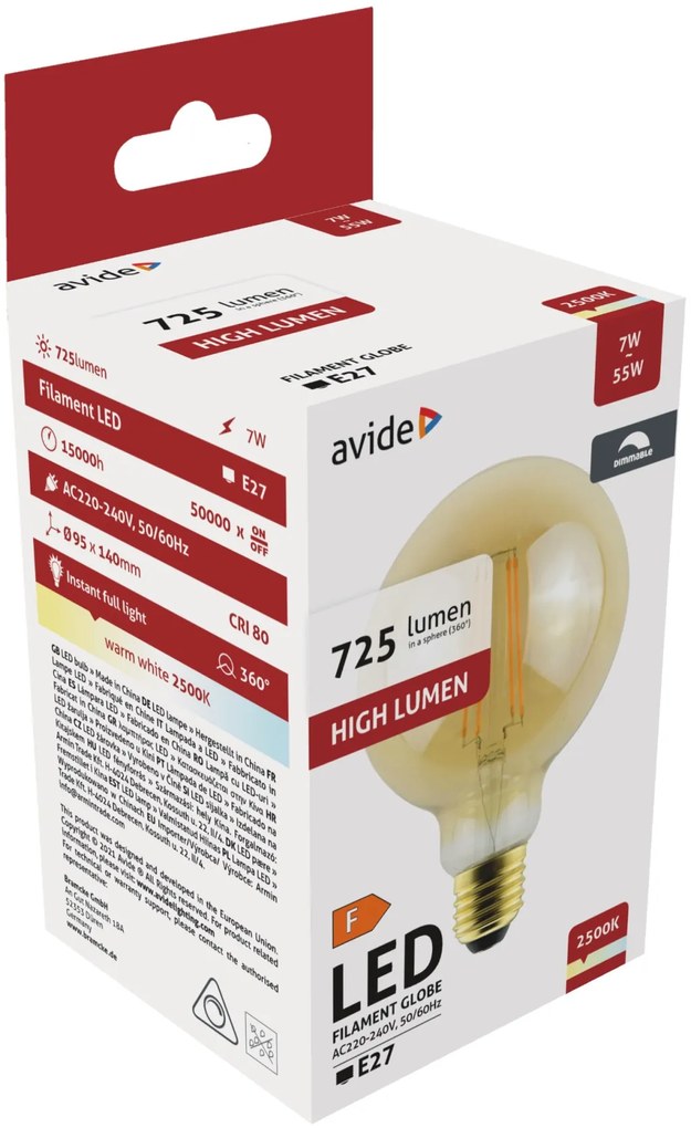 Avide LED Filament Globe G95 7W Fényerőszabályzós Borostyán E27 WW 2500K