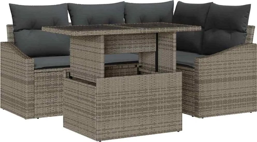 vidaXL Kerti Kanapé Szett párnával tárolóval 5 pcs Szürke polirattan