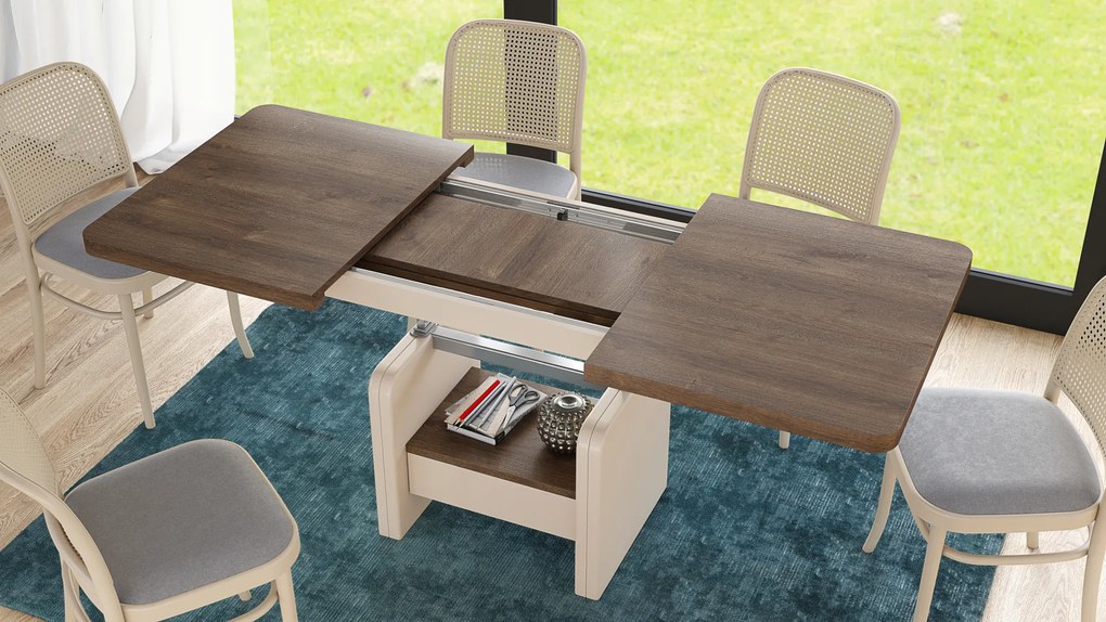 Mazzoni LEXUS Barna Tölgy/Bézs (Pezsgőszínű) - MODERN DOHÁNYZÓASZTAL NYITHATÓ/MAGASÍTHATÓ ÉTKEZŐASZTAL ÉS DOHÁNYZÓASZTAL EGYBEN