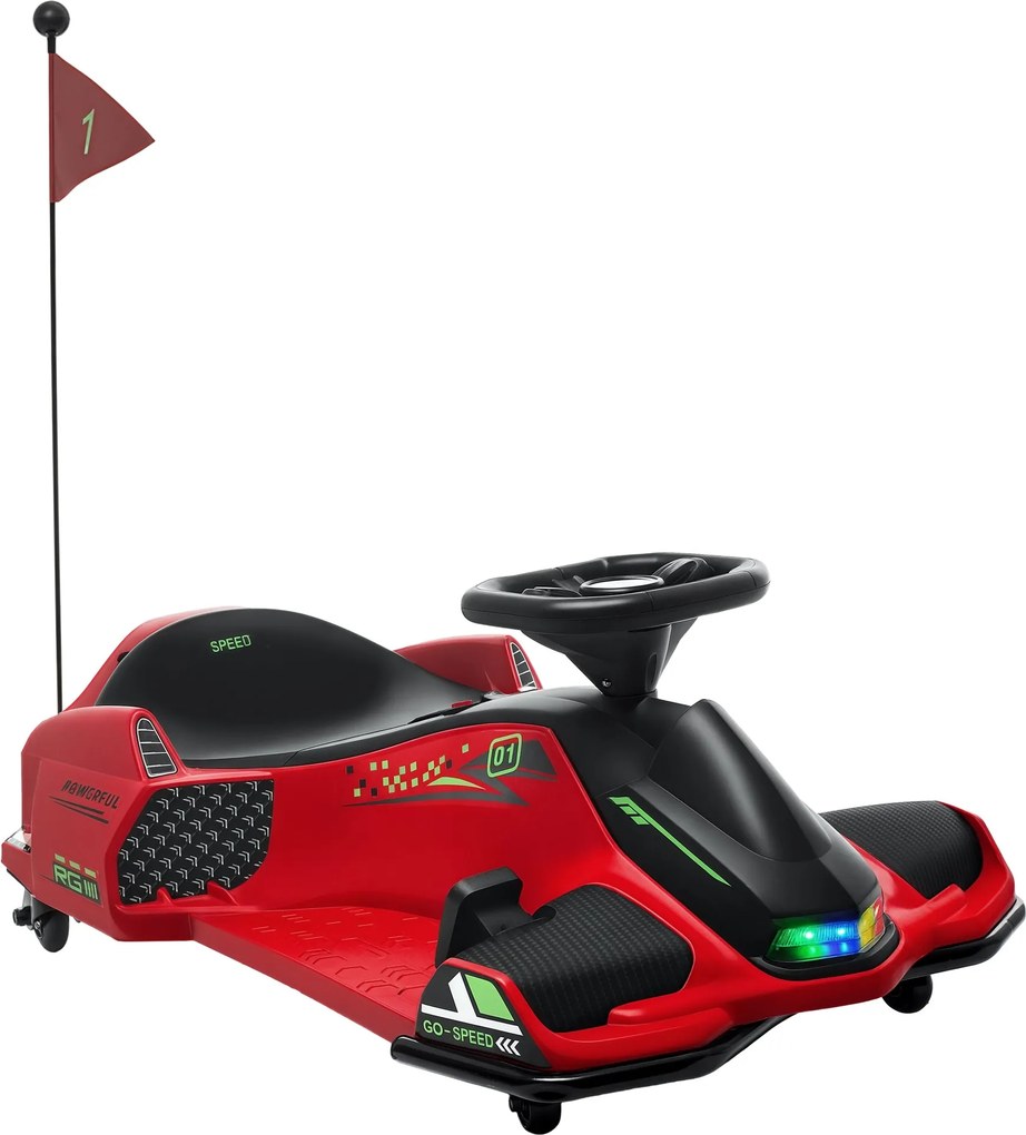 HOMCOM Gyerek Elektromos Go-Kart 12V 3-8 km/h Drift Kocsi Drift Móddal, Lassú Indítással, Fénnyel és Zenével, Biztonsági Övvel a 8-12 Éves Gyermekek S