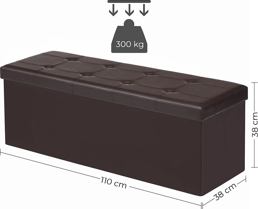 Puff, összecsukható tároló ottomán pad 120l, 110 x 38 x 38 cm, barna