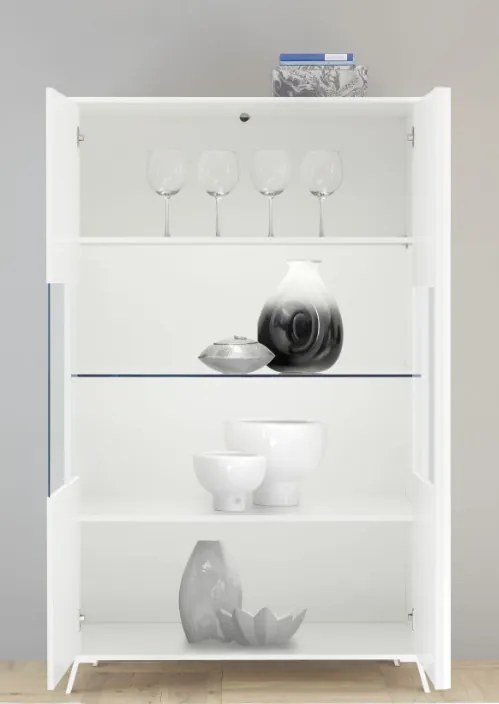 CITY Kétajtós vitrinszekrény, fehér, magasfényű lakkozott vázzal és előlapokkal