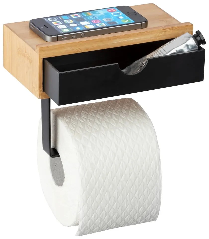 Fekete wc-papír tartó bambusz elemmel - Wenko