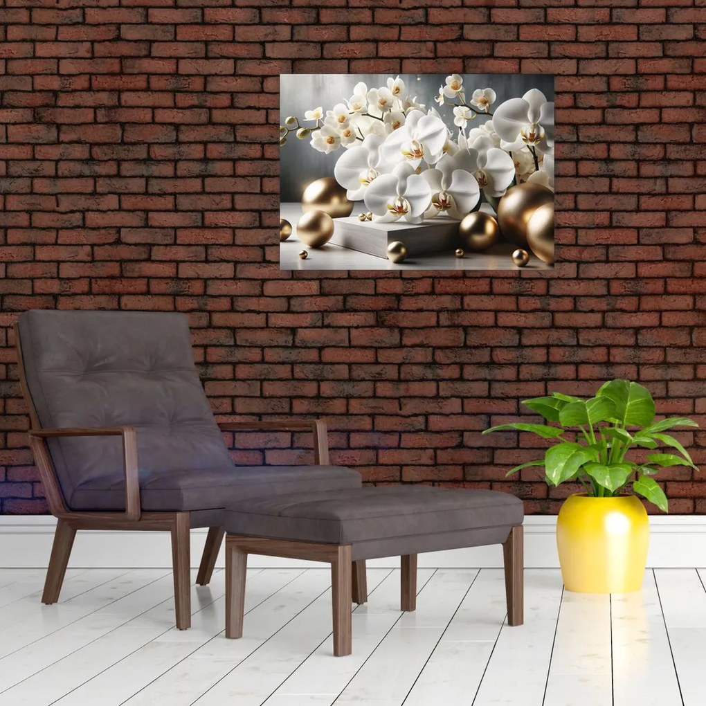 Üveg kép - Orchidea és aranygolyók (70x50 cm)