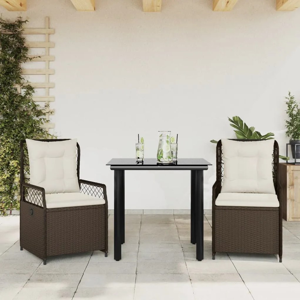 3 részes barna polyrattan kerti étkezőgarnitúra párnával