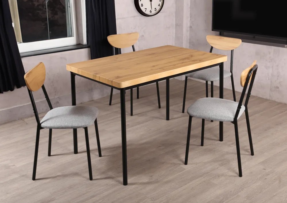 Étkezőgarnitúra 1+4, világos tölgy/szürke/fekete, MADIO