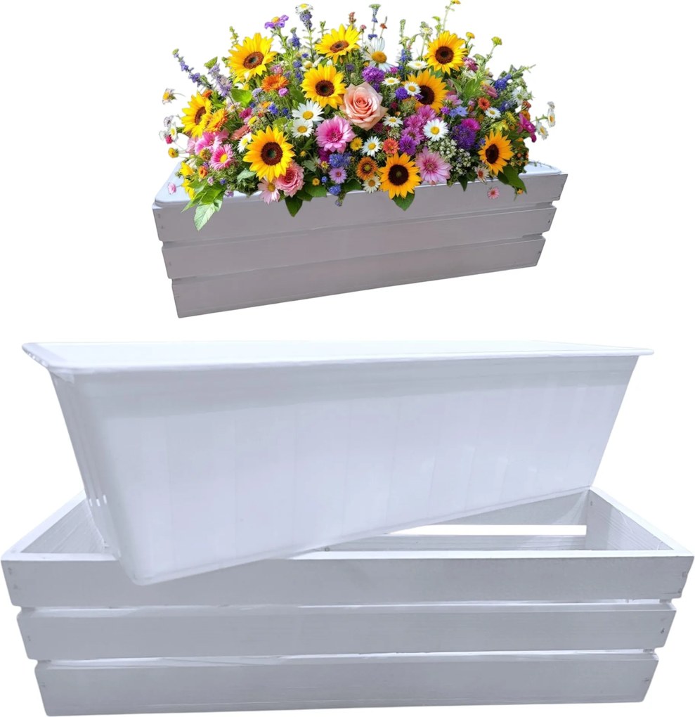Erkélyláda fa fehér 50cm fedő virágtartó műanyag betét
