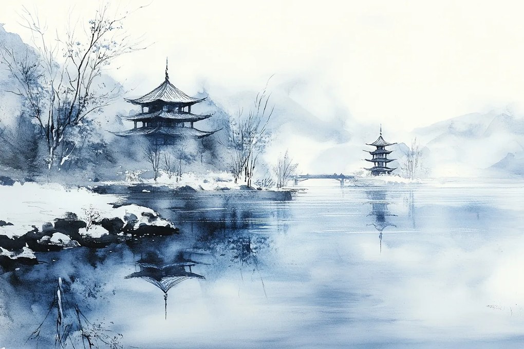 Vászonkép Canvas Tájkép Ázsia Japán Hegyek Víz Pagoda Tükröződés 120x80