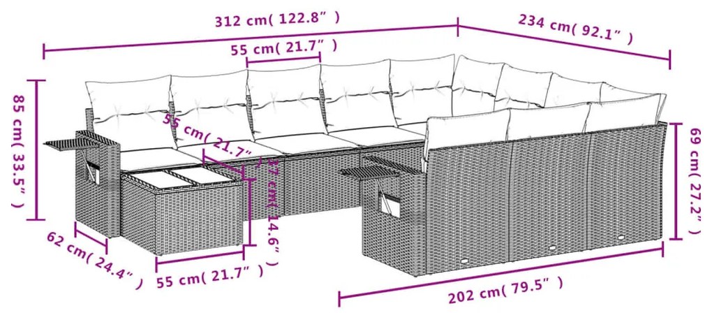 11 részes bézs polyrattan kerti ülőgarnitúra párnákkal