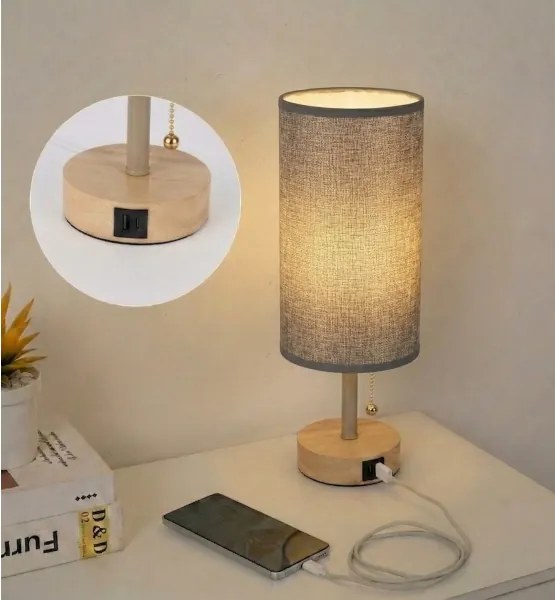 Brilagi - TABLON asztali lámpa USB-porttal 1xE27/25W/230V tölgy/bézs/szürke