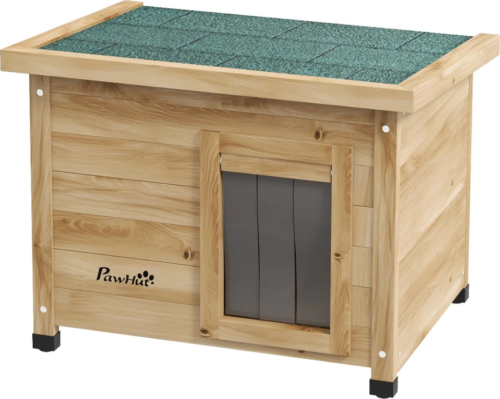 PawHut Fa Kerti Macska Ház Téli Vízálló Macska Menedék Aszfalt Tető Ablakkal Ajtófüggönnyel Emelt Macska Barlang 57 x 45 x 43 cm Sárga | Aosom