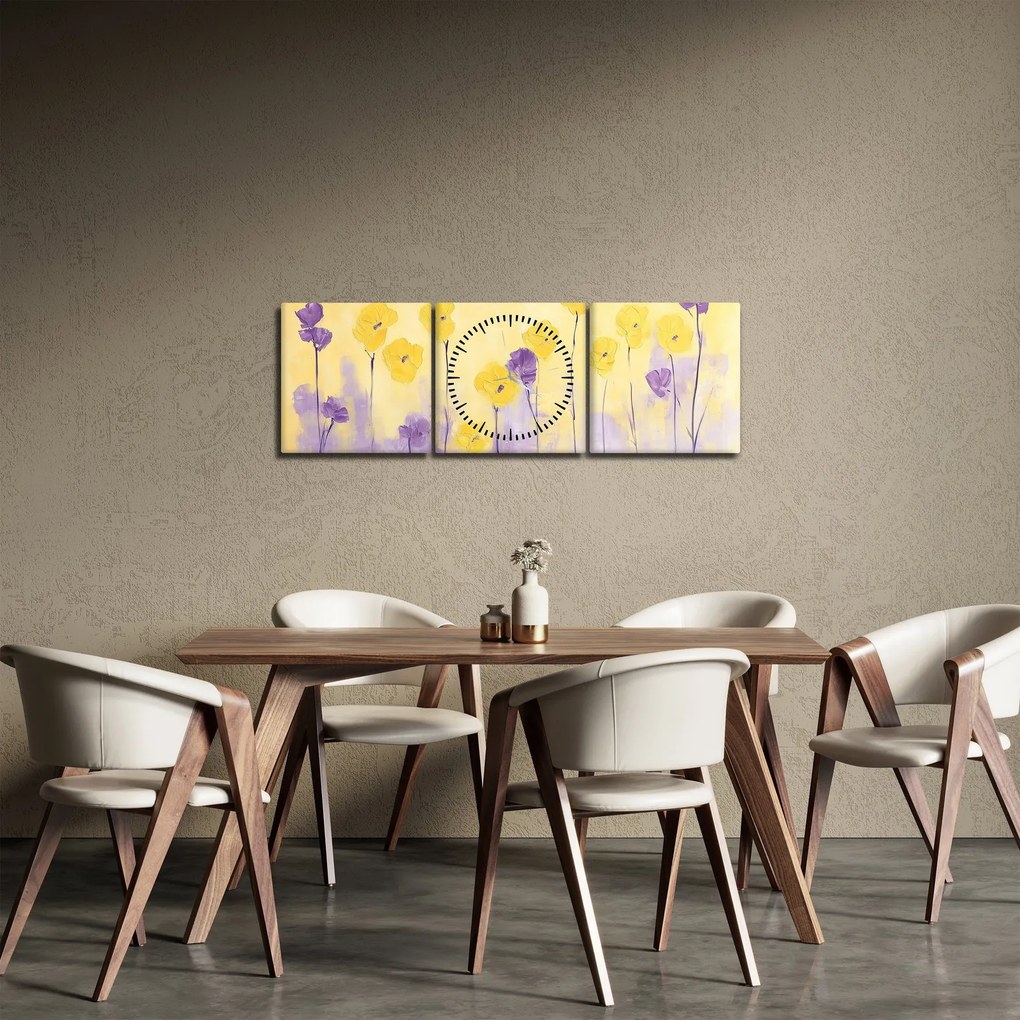 Kép - Lila és sárga virágok (órával) (90x30 cm)