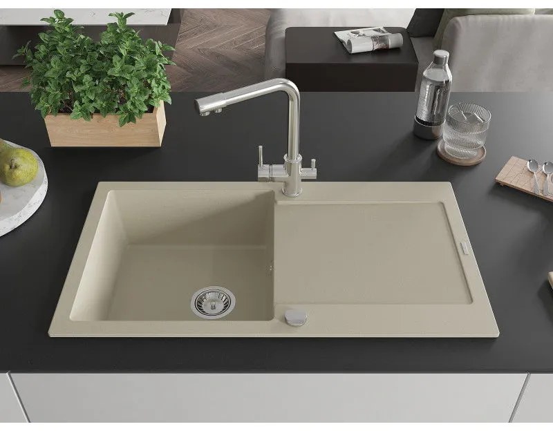 Mexen Leo, gránit mosogató 900x500x190 mm, 1 kamrás és Duero króm csaptelep, bézs, 6501-69-671600-00