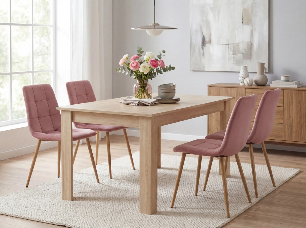Étkező garnitúra 1 + 4, UMEKO asztal 120x80 cm sonoma tölgy + rózsaszín bársony KARA szék