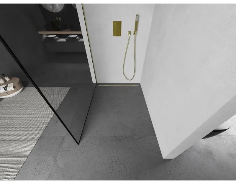 Mexen Kioto, Walk-In zuhany paraván 80 x 200 cm, 8 mm átlátszó üveg fekete mintás, arany matt profil, 800-080-101-55-70