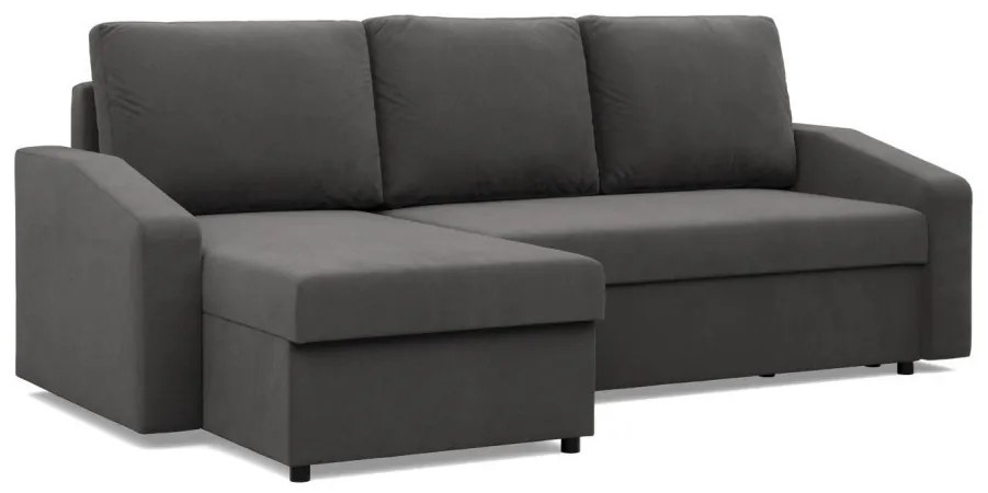 Zeus sarokkanapé, 1 ágyneműtartóval, döntött kartámasz, szövet anyag, univerzális oldal, hab töltet, szürke