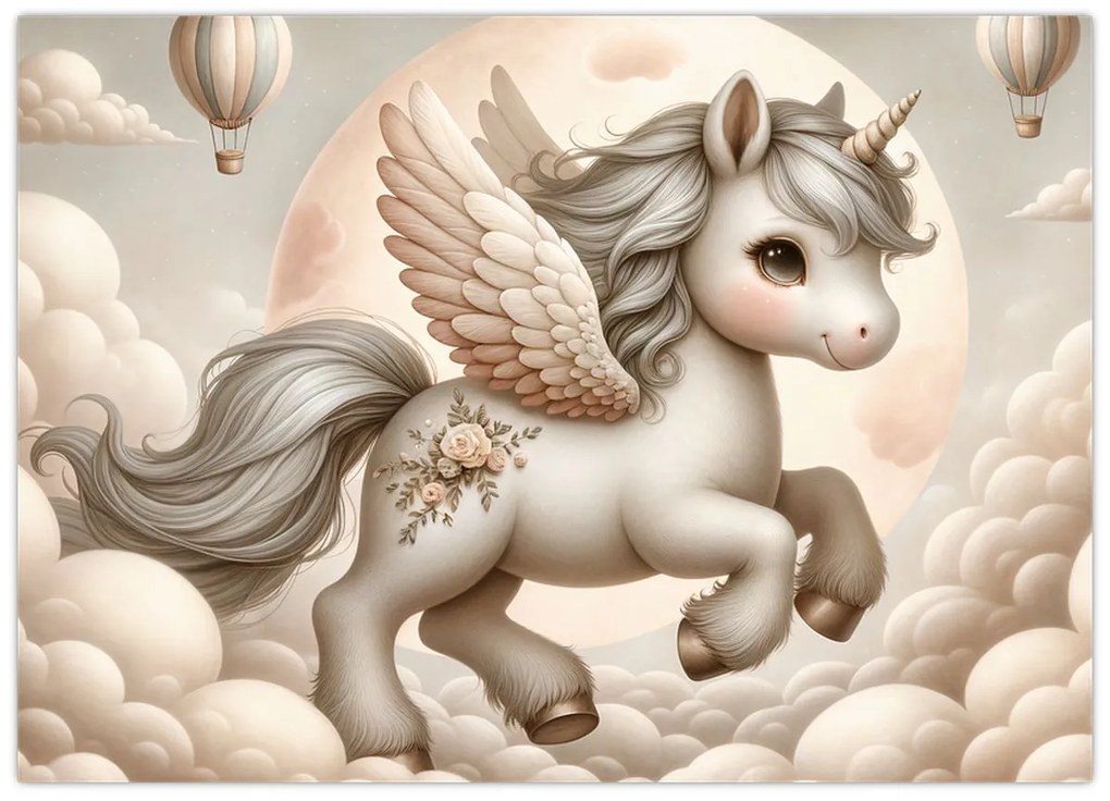 Üveg kép - Egyszarvú a felhőkben (70x50 cm)