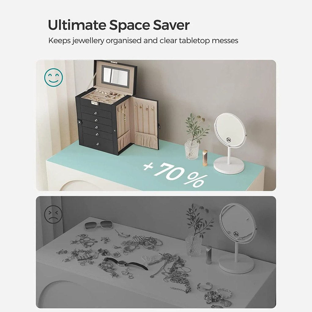 Ékszerdoboz tükörrel és csattal 6 szintes, fekete