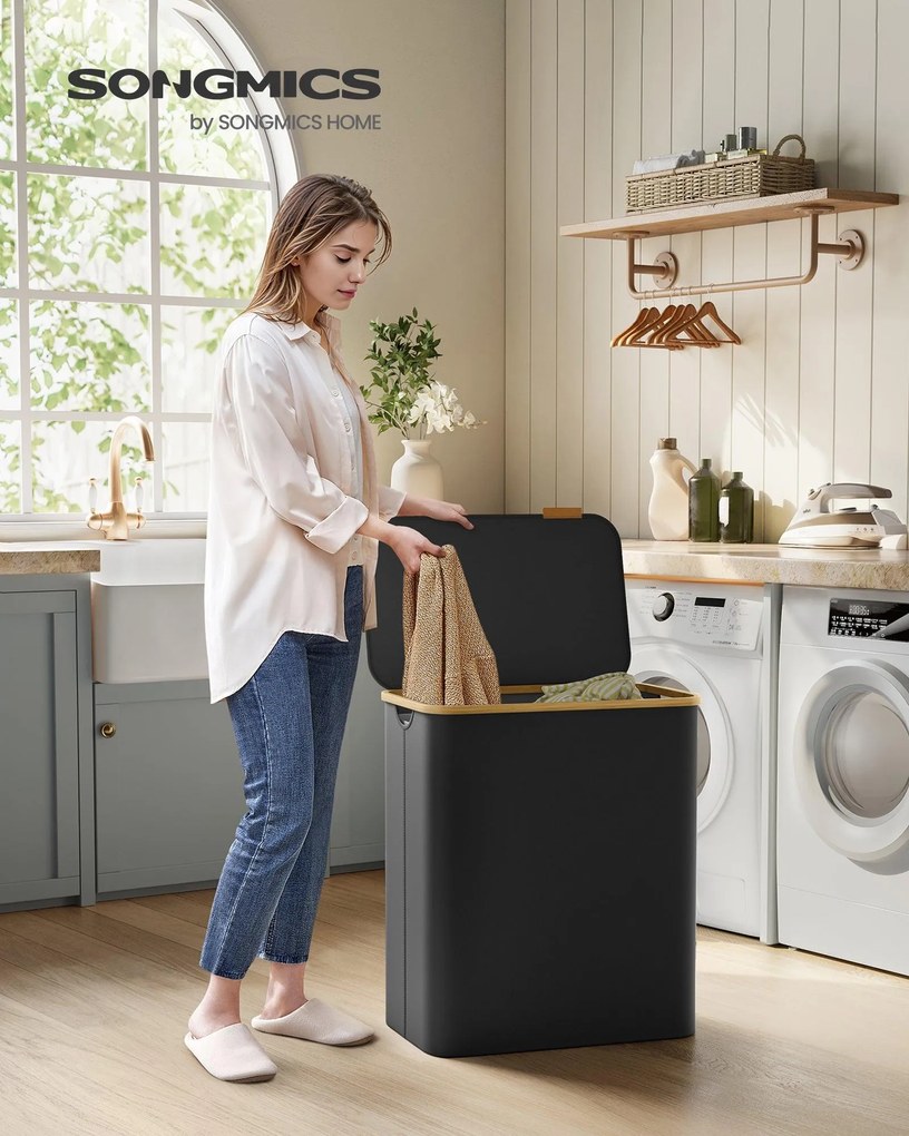 Fedeles, 3 rekeszes mosókosár, 150L, levehető bélés, összecsukható, fekete