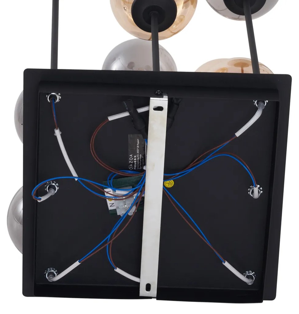 Modern mennyezeti lámpa fekete, borostyán és füstüveg kombinációjával, 9 fényforrással - Athén