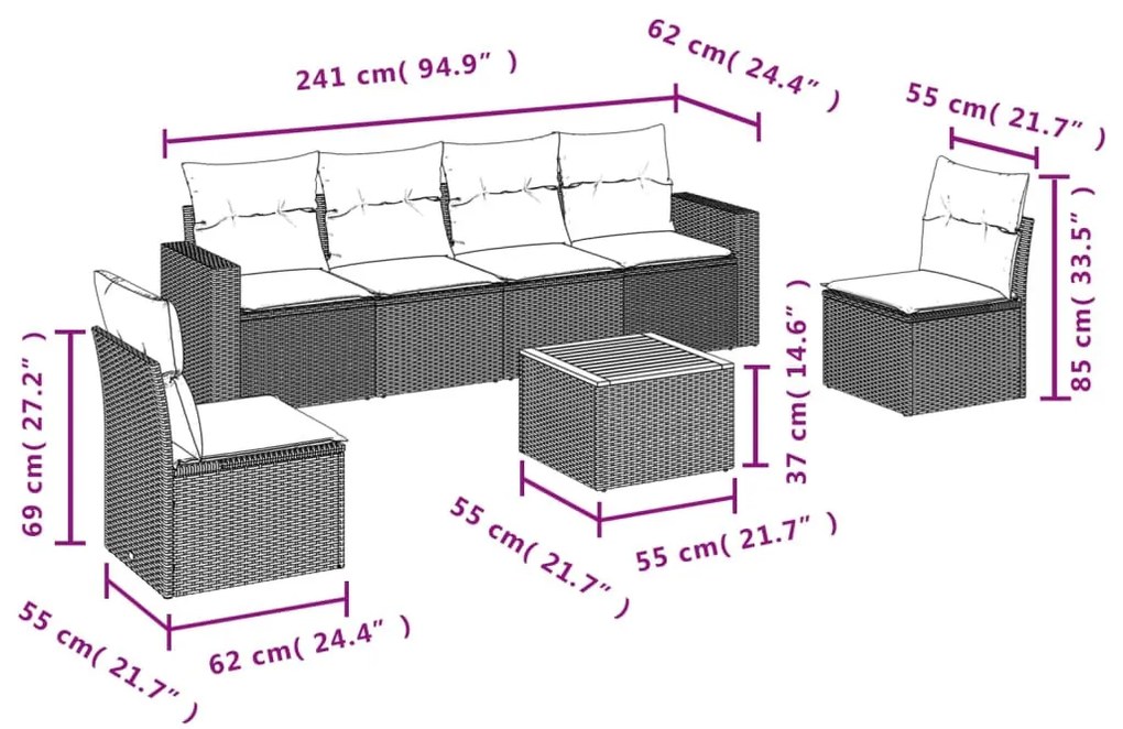 7 részes szürke polyrattan kerti ülőgarnitúra párnákkal