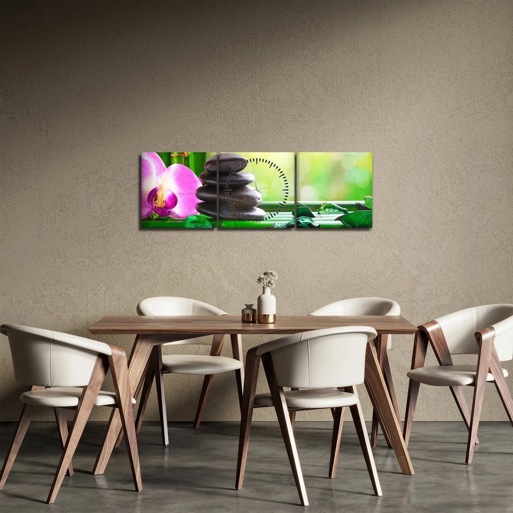 Kép a masszázs kövek és orchideák a vízen (órával) (90x30 cm)
