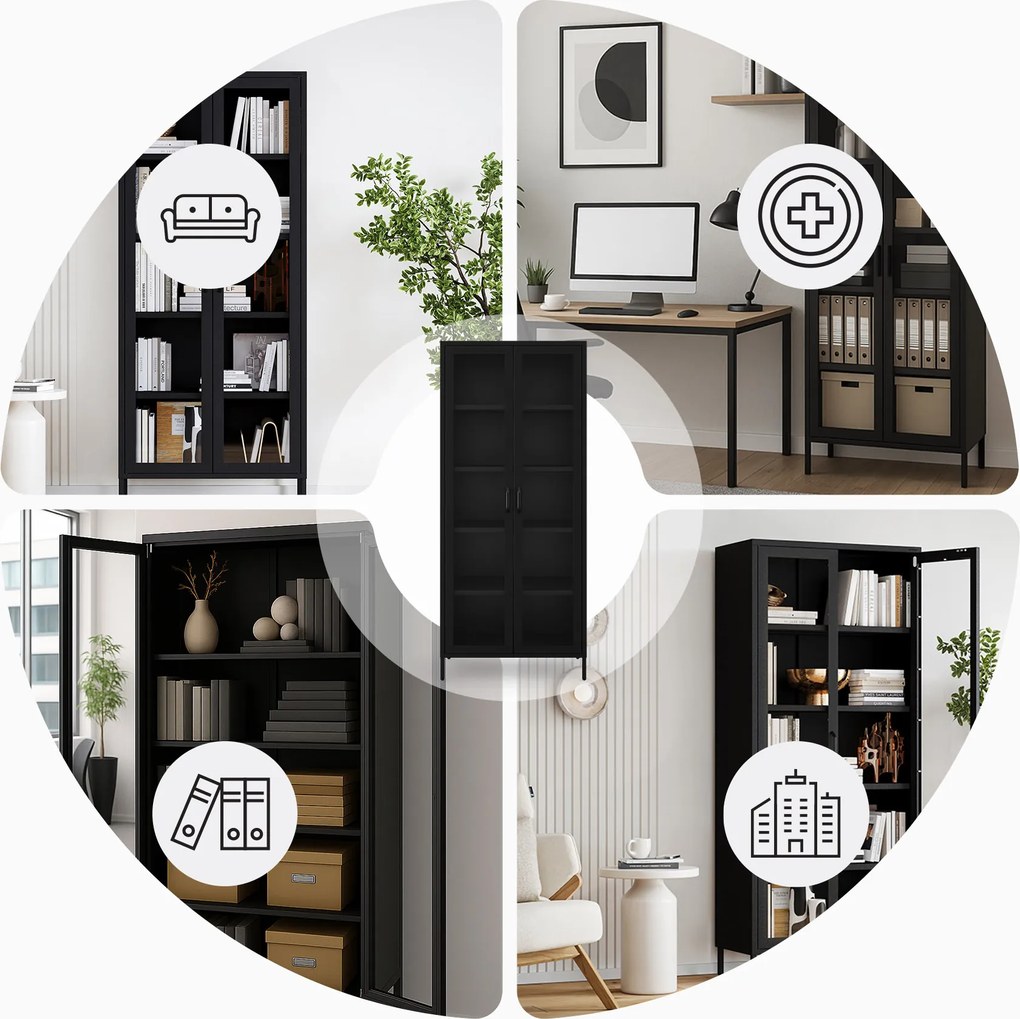 ANGELO üveges vitrin nappaliba – fekete fém, 800 x 1850 x 450 mm