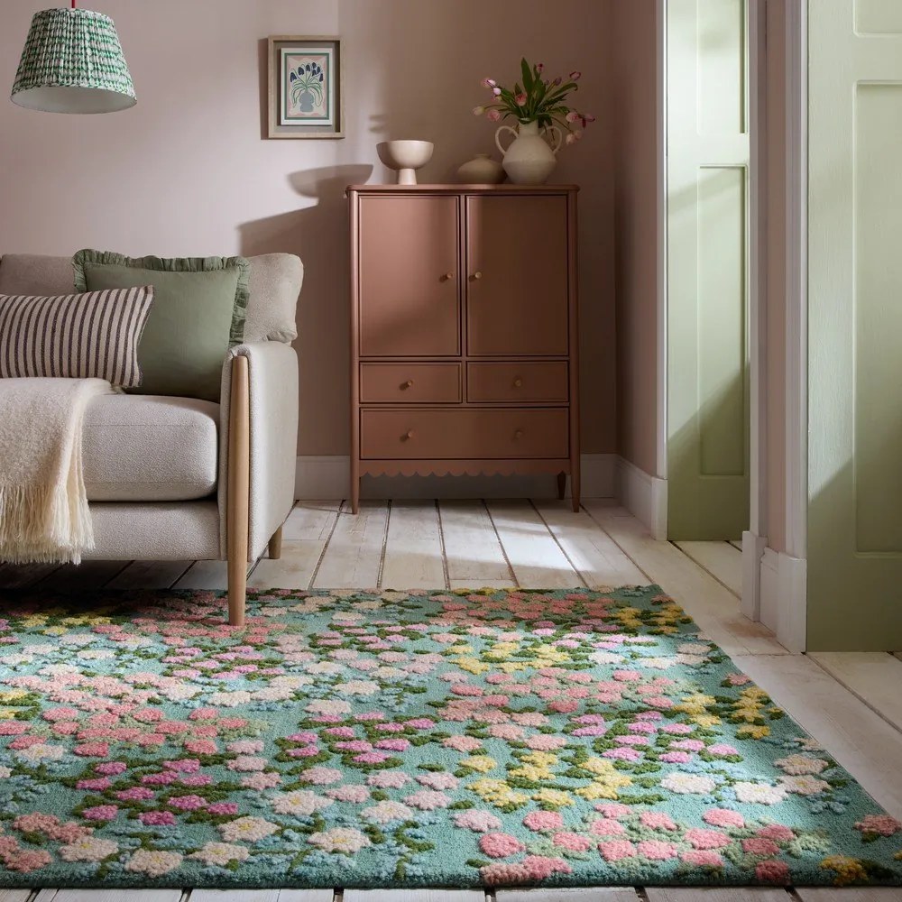 Mentazöld kézi szövésű gyapjú szőnyeg 200x290 cm Emilia Floral – Flair Rugs