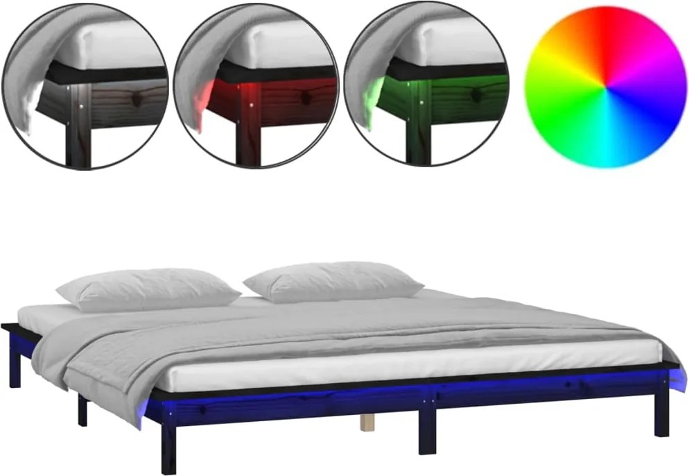 vidaXL kis kétszemélyes fekete tömör fa LED-es ágykeret 120 x 190 cm