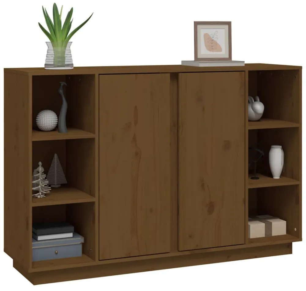 mézbarna tömör fenyőfa tálalószekrény 120x35x80 cm