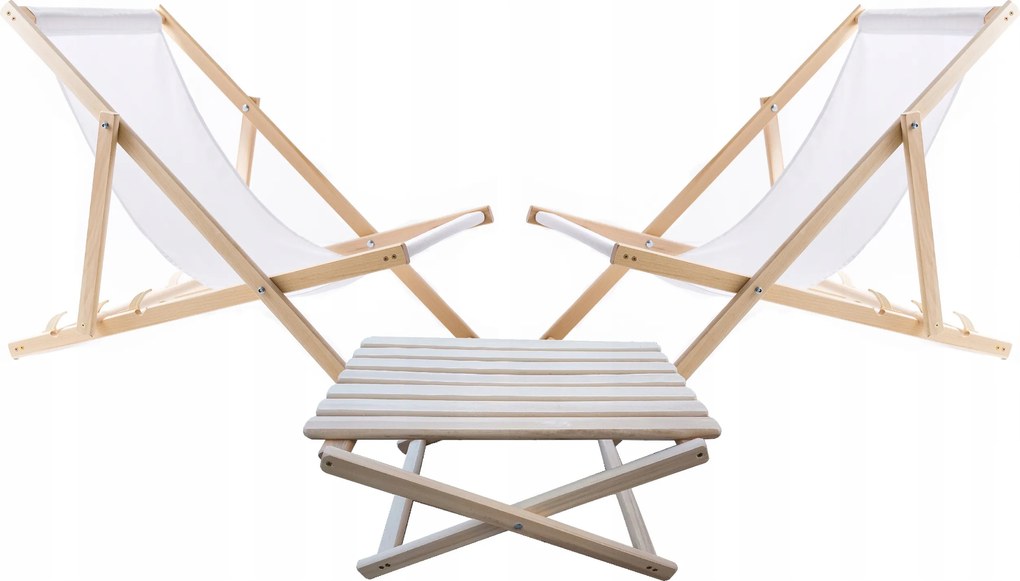 2X Fa Kerti Napozóágy Woodok Fehér Dohányzóasztal