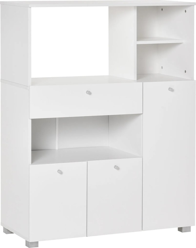 HOMCOM Konyhai Tároló Szekrény Mikrohullámú Sütő Kocsi Konyhai Oldalaszekrény Fiókkal, Polcokkal, 3 Ajtóval és 3 Rekesszel, Antitipping Dizájn, Étkező