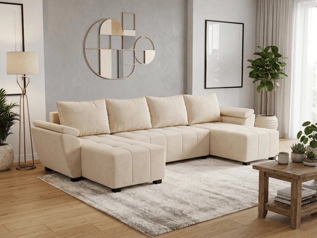 Kihúzható U alakú ülőgarnitúra LIVARO 305x140 cm, krémszínű