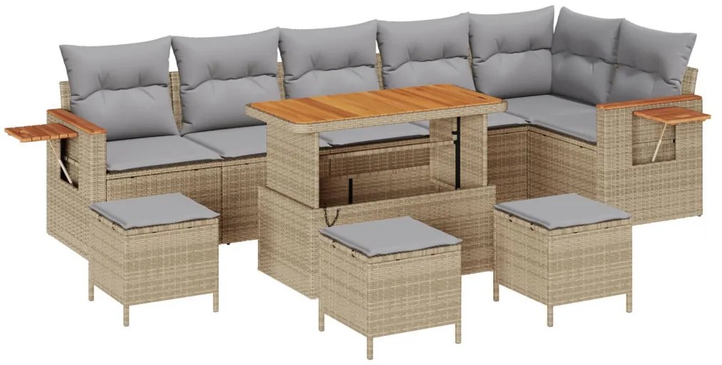 9 darabos kerti kanapé szett párnákkal Bézs Rattan Akác, 3 darabos kerti étkező szett párnákkal Bézs Rattan Akác