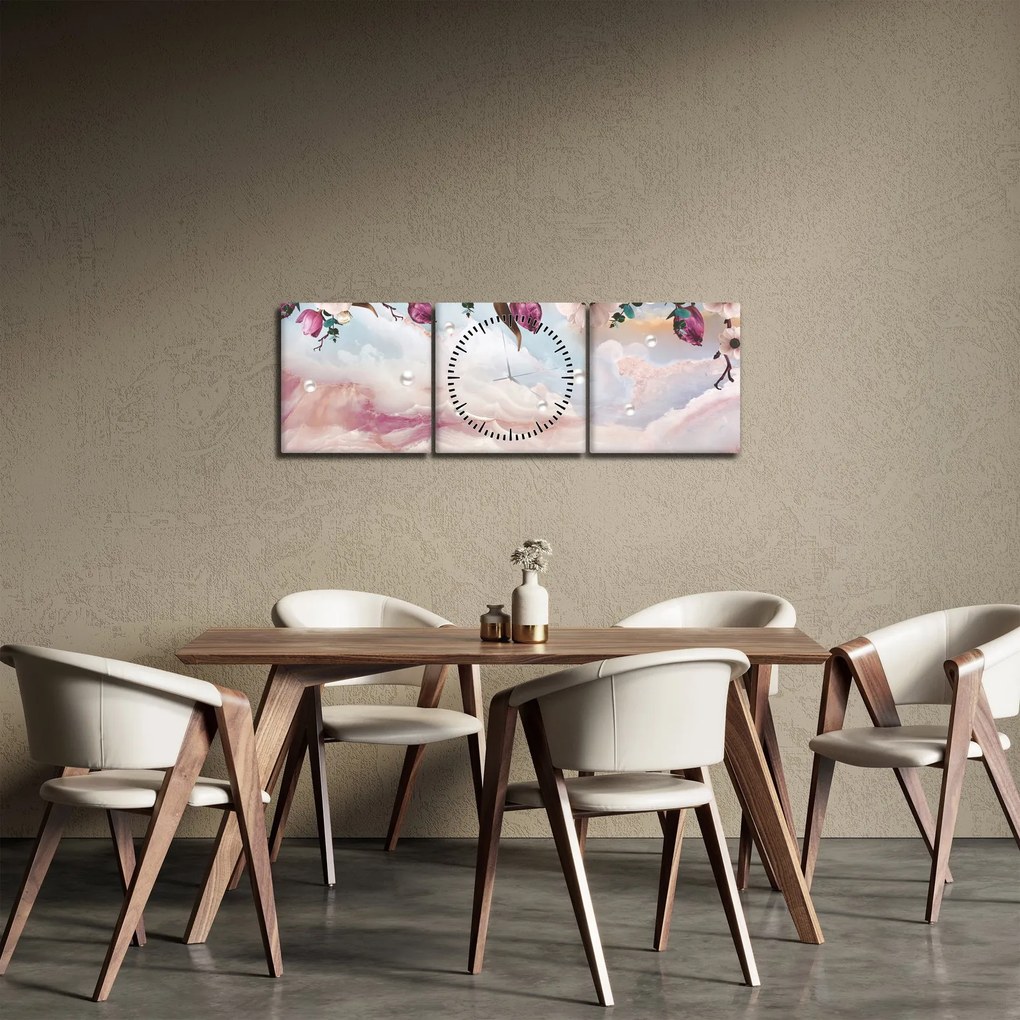 Rózsaszín virágokképe rózsaszín márvánnyal (órával) (90x30 cm)