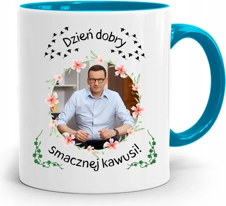 Kék Politikus Bögre Mateusz Morawiecki Miniszterelnök fényképes nyomtatással