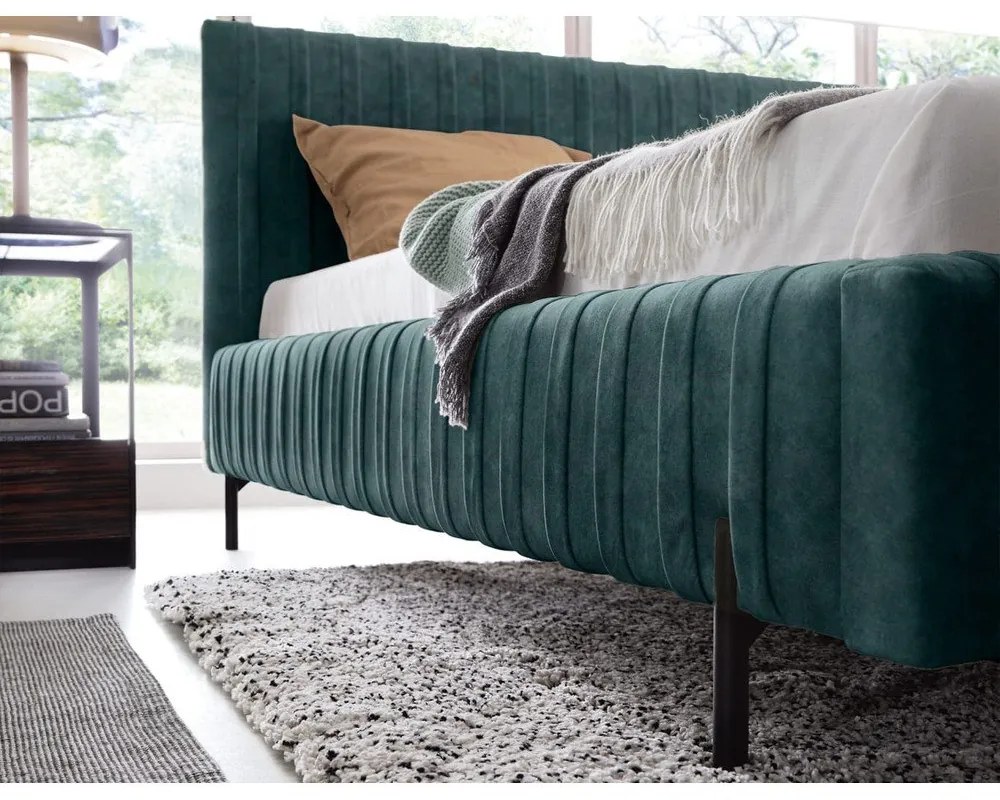 Petróleum színű kárpitozott ágyneműtartós franciaágy ágyráccsal 160x200 cm Plissa – ELTAP